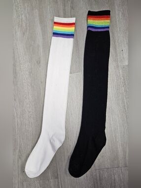 Womens Rainbow Trim Thigh High Socks Bundle - Black & White Rainbow Socks Tights